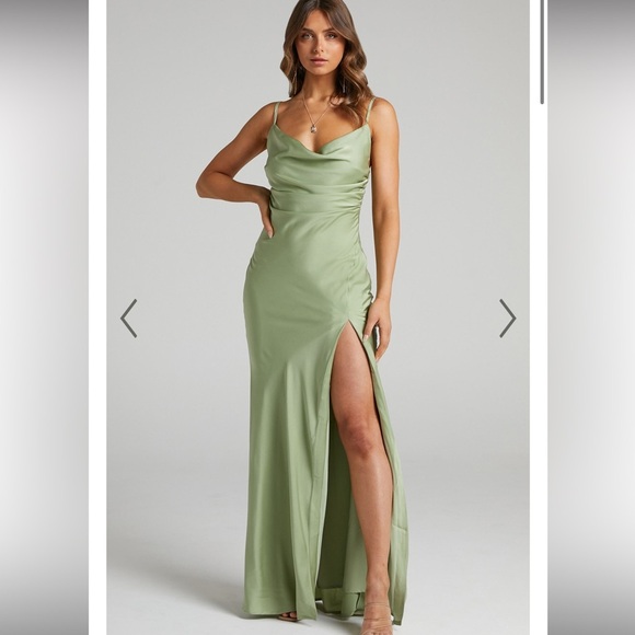 Showpo. JEWELLE MIDI DRESS - HIGH SPLIT COWL NECK SATIN DRESS IN GREEN size 6 - Picture 4 of 8